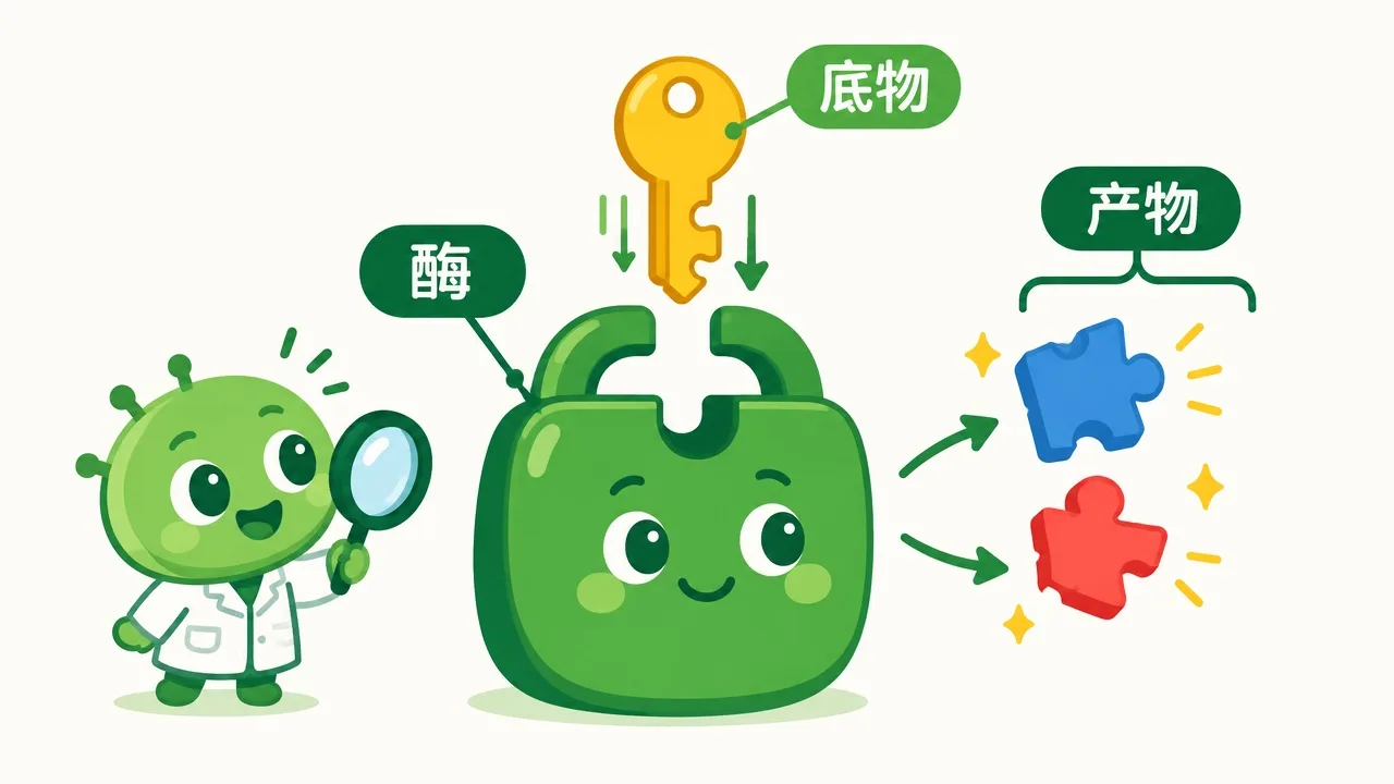 锁与钥匙模型：酶、底物、产物
