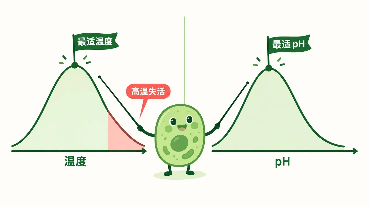 温度-pH 活性曲线：各自有最适点，高温失活