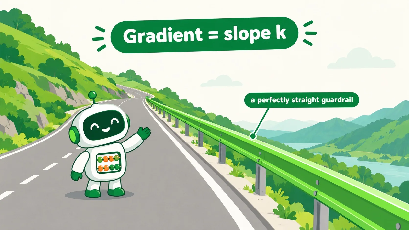 山坡公路旁笔直的护栏，坡度就是斜率 k