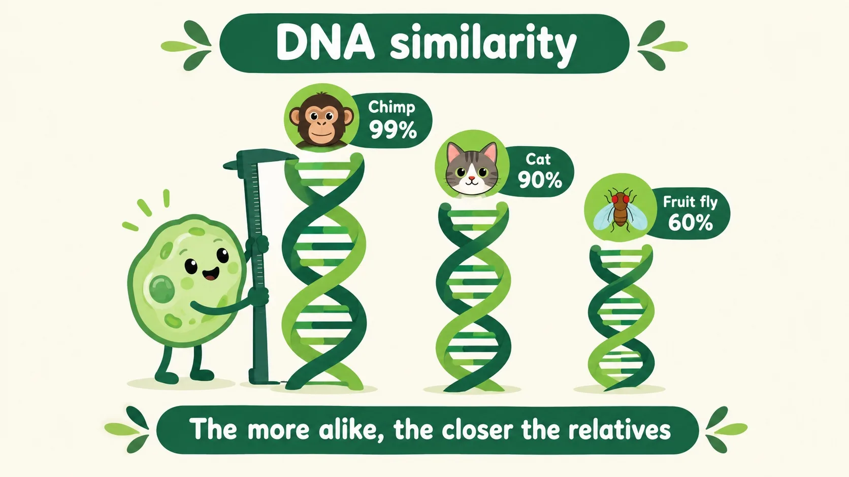 DNA 相似度对比：黑猩猩 99%、猫 90%、果蝇 60%