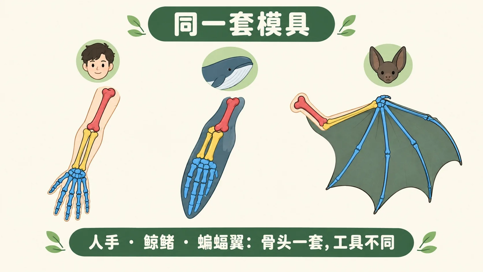 人手、鲸鳍、蝙蝠翼：外表不同，内部是同一套骨架