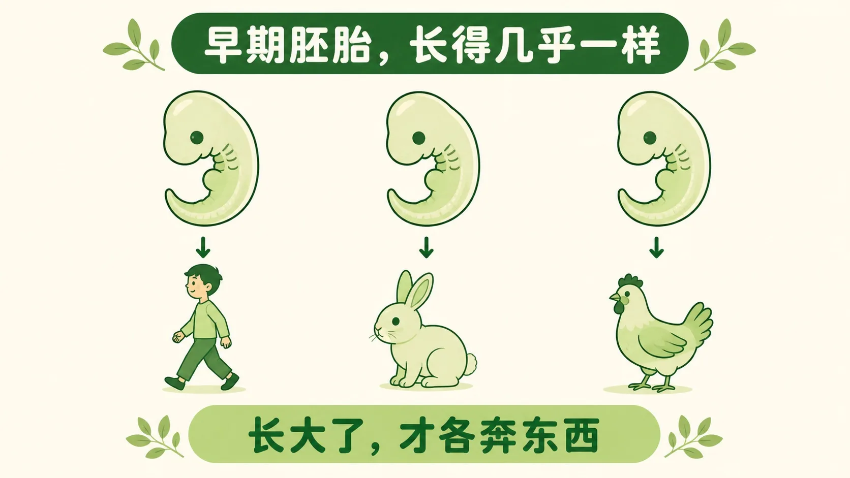 人、兔、鸡的早期胚胎几乎一样，长大后差别巨大