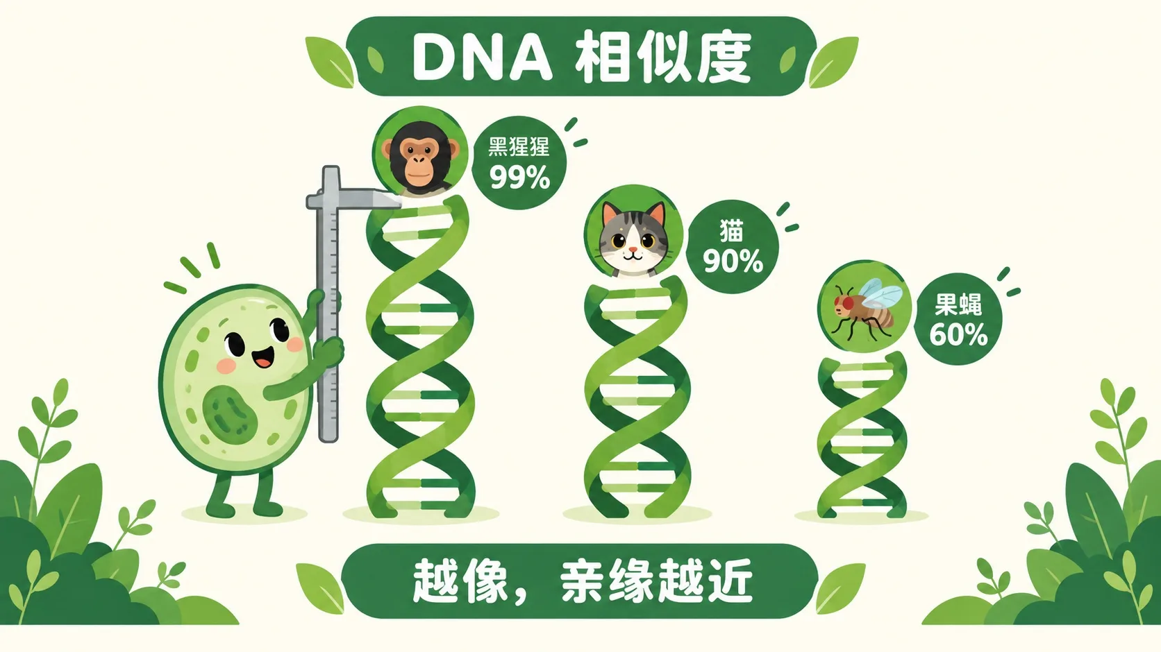 DNA 相似度对比：黑猩猩 99%、猫 90%、果蝇 60%