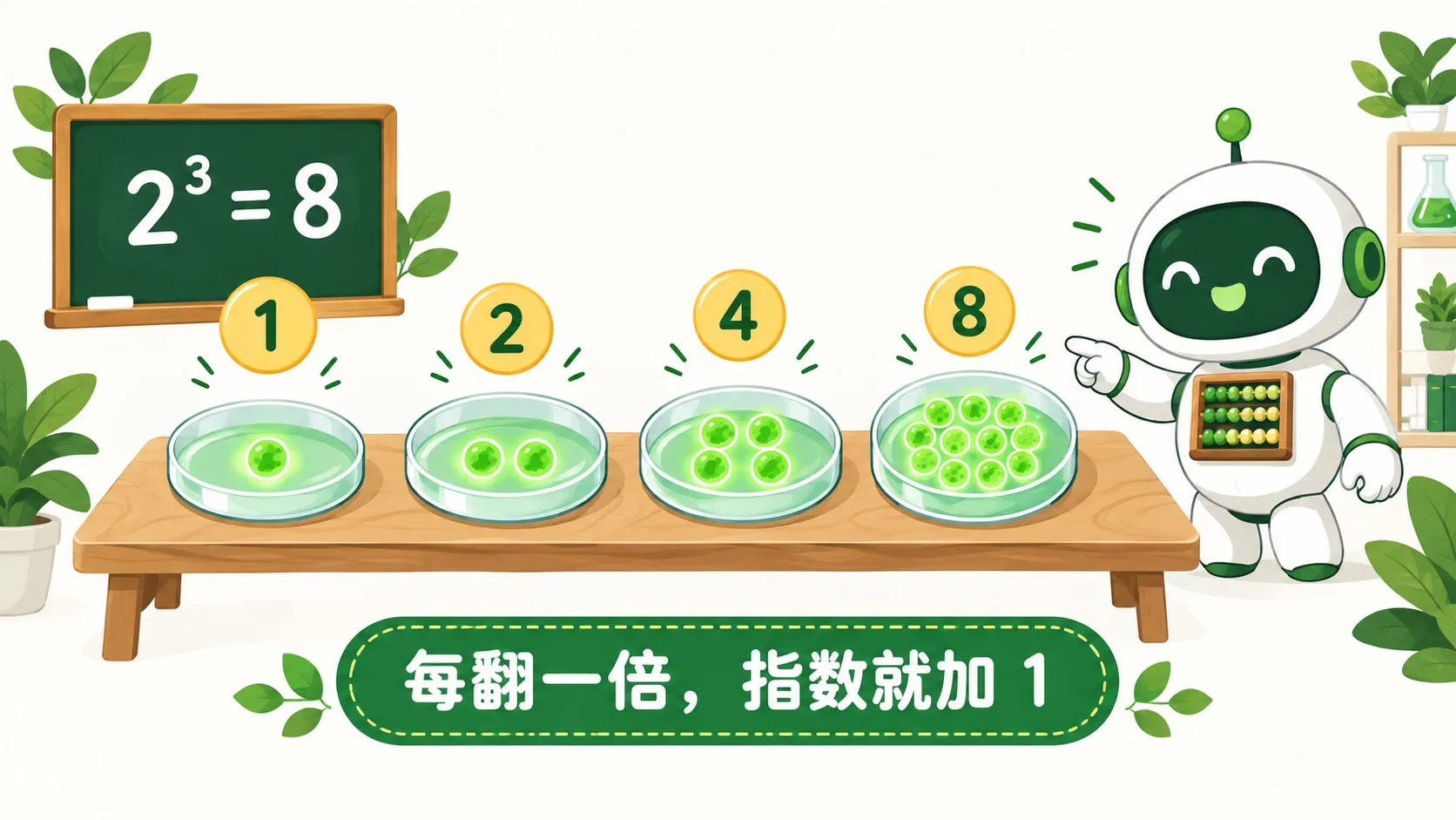 细胞翻倍：1 变 2、2 变 4、4 变 8，正好是 2³