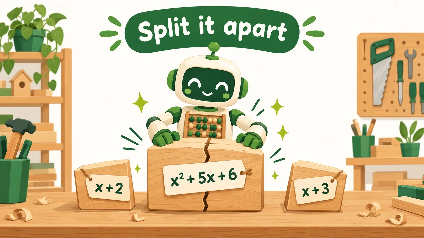 小算盘机器人把 x²+5x+6 拆成 (x+2) 和 (x+3) 两块积木