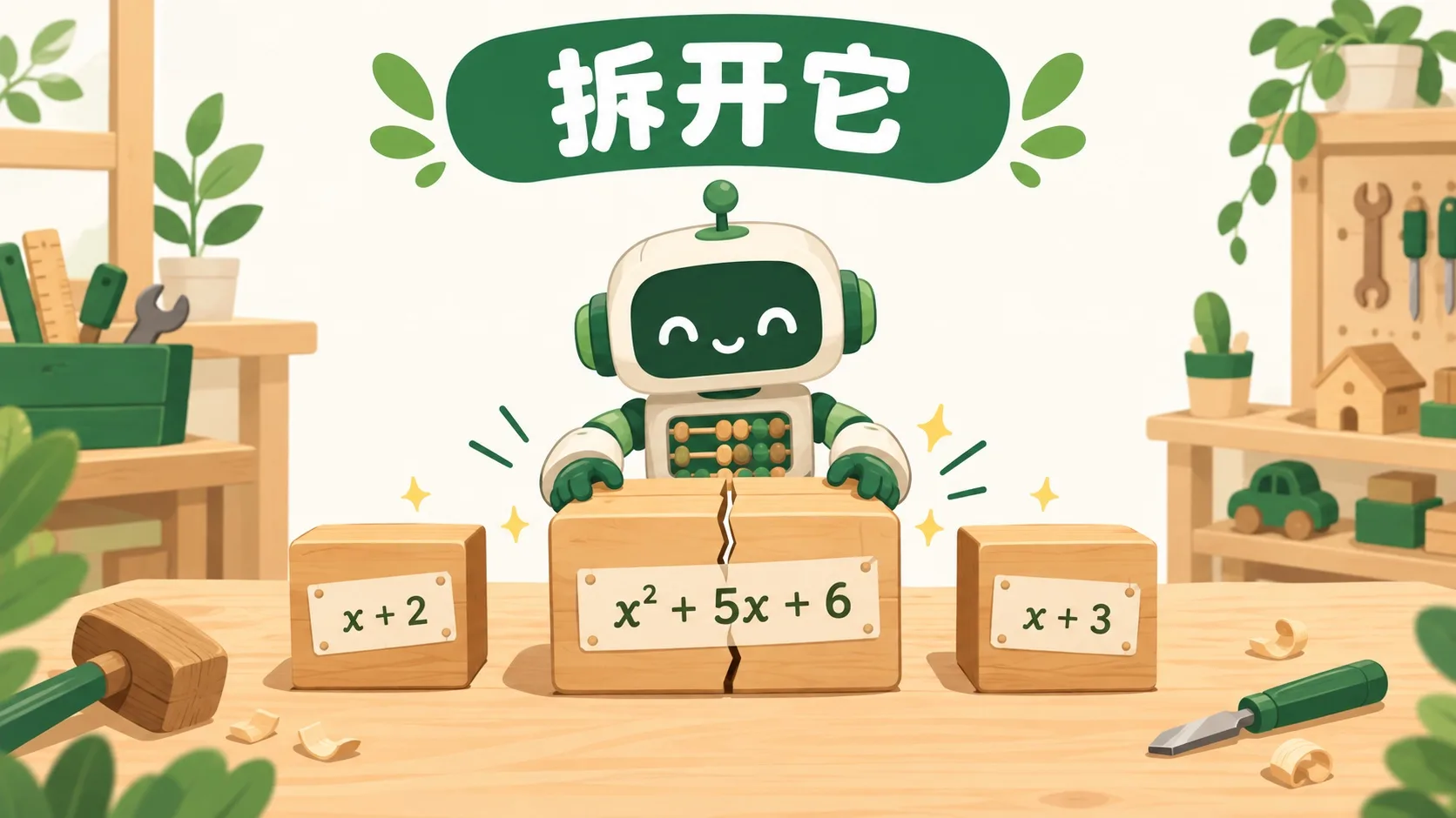 小算盘机器人把 x²+5x+6 拆成 (x+2) 和 (x+3) 两块积木