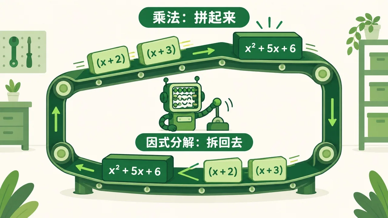 倒放的乘法：拼起来是乘法，拆回去是因式分解