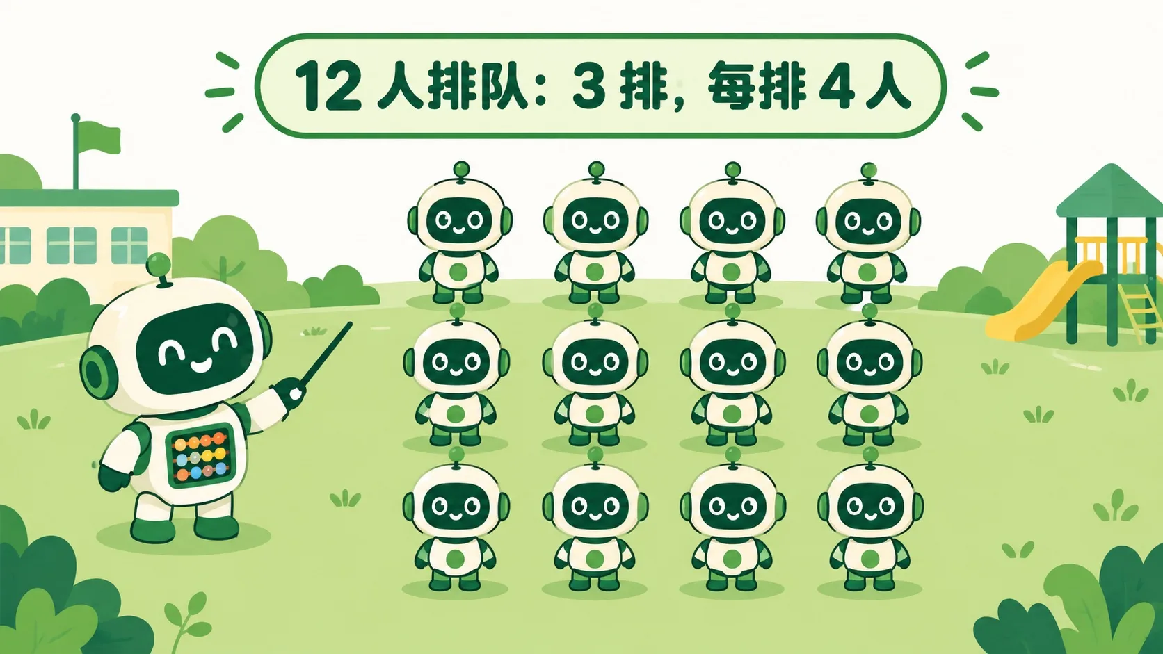 12 个机器人排队：3 排每排 4 人