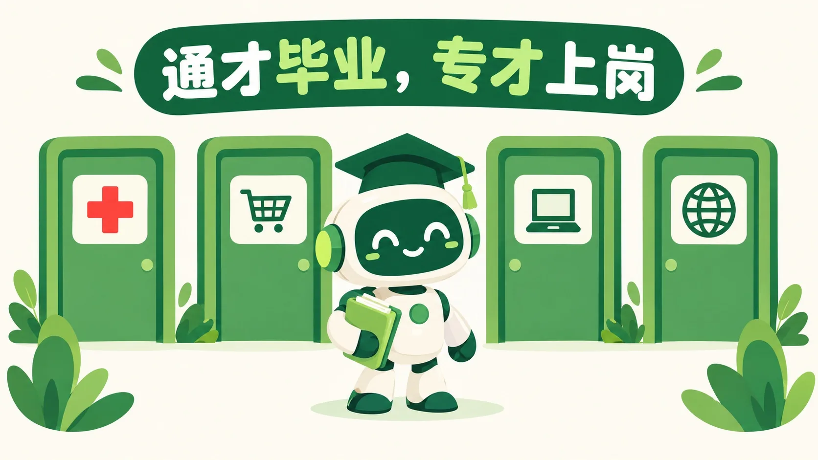 戴学士帽的机器人站在四个部门门牌前：医院、客服、程序员、翻译