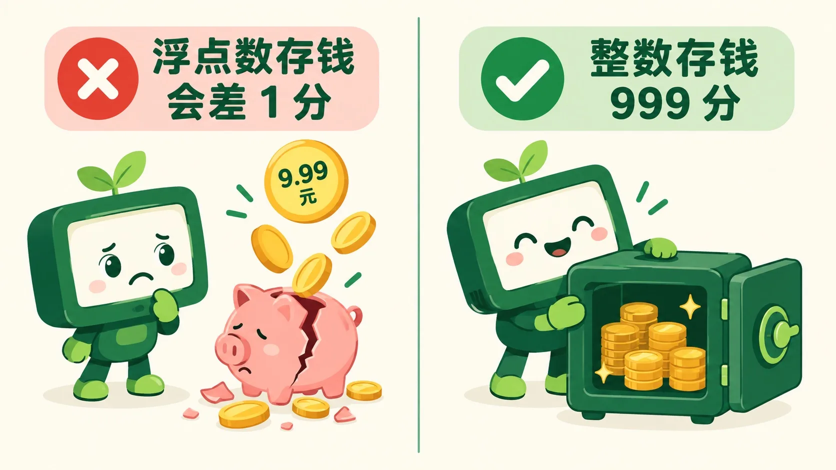 钱用整数分存，不用浮点数