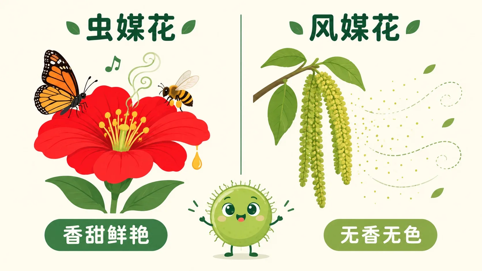 虫媒花与风媒花对比：香甜鲜艳 vs 无香无色