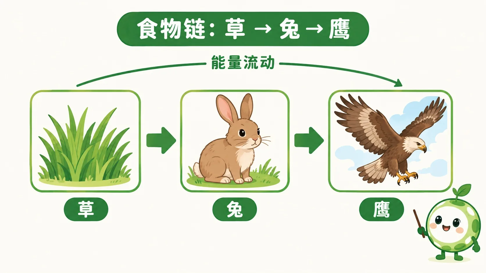 草原食物链三卡：草、兔、鹰，箭头标能量流动