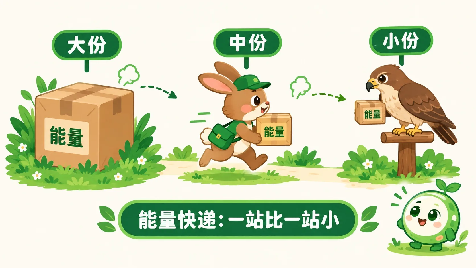 能量快递：草抱大包裹、兔运中包裹、鹰收小包裹，一站比一站小