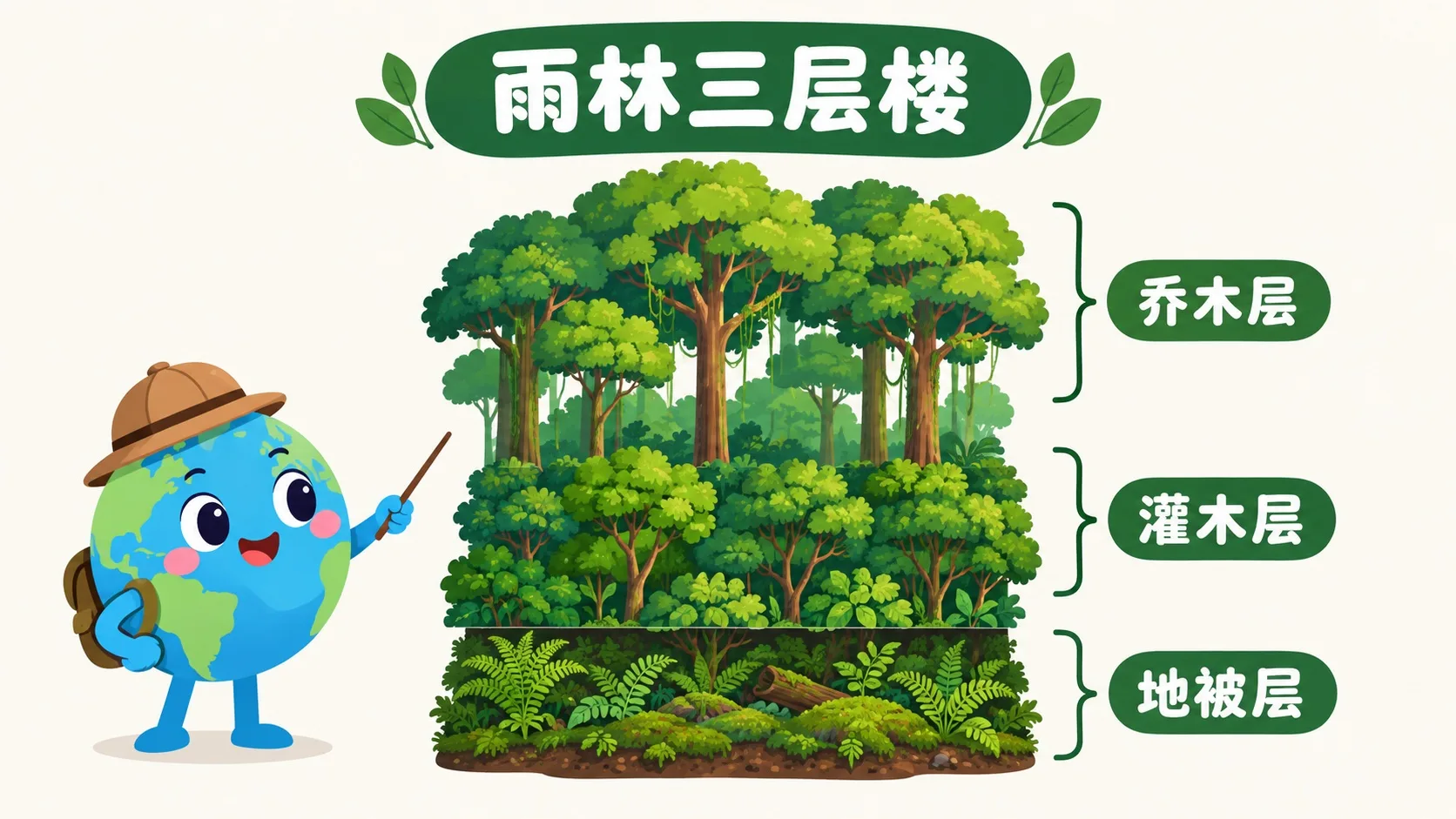 雨林三层：乔木层灌木层地被层