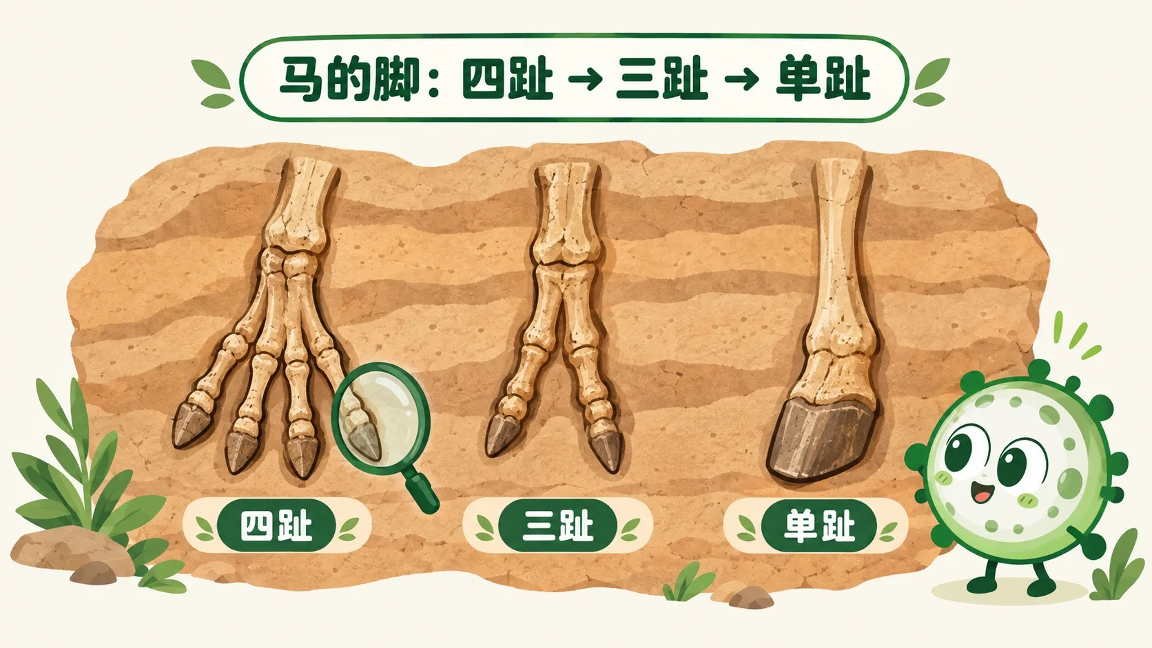 马的脚化石：四趾、三趾、单趾