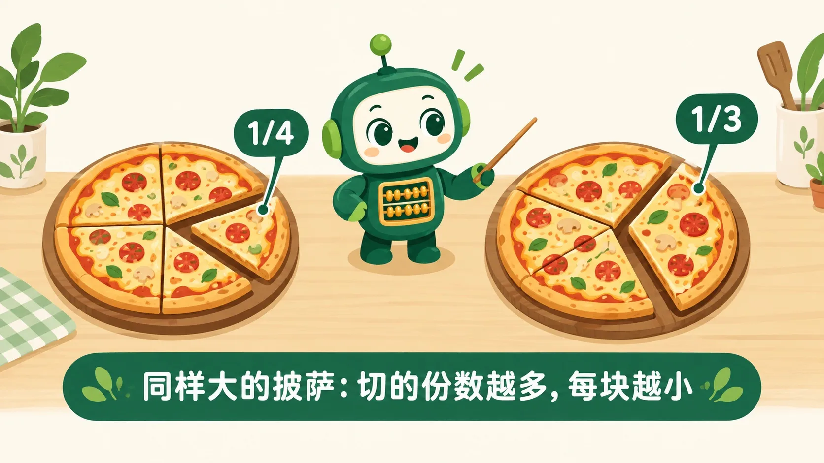 披萨切成不同大小的块：1/4 与 1/3