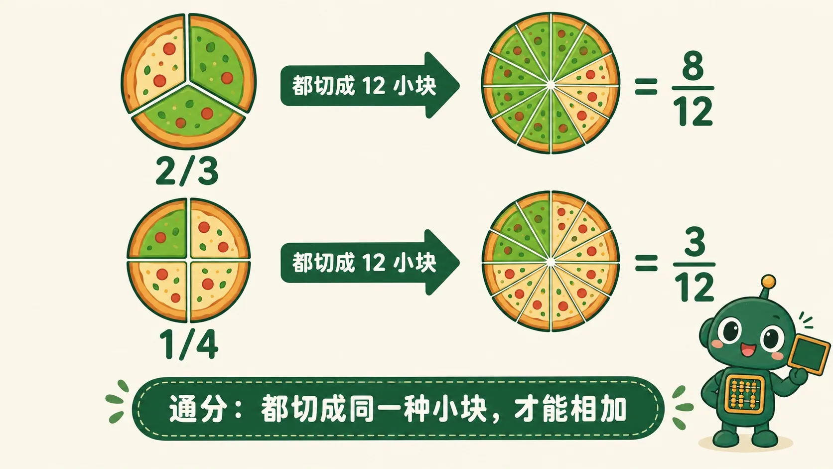 通分：2/3 和 1/4 都切成 1/12 小块