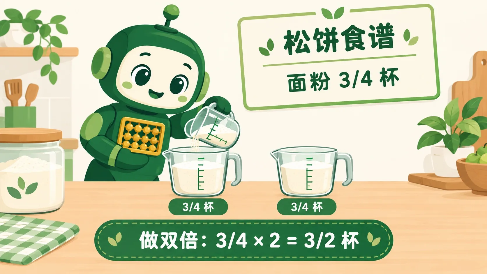 食谱配方加倍：3/4 杯 × 2 = 3/2 杯