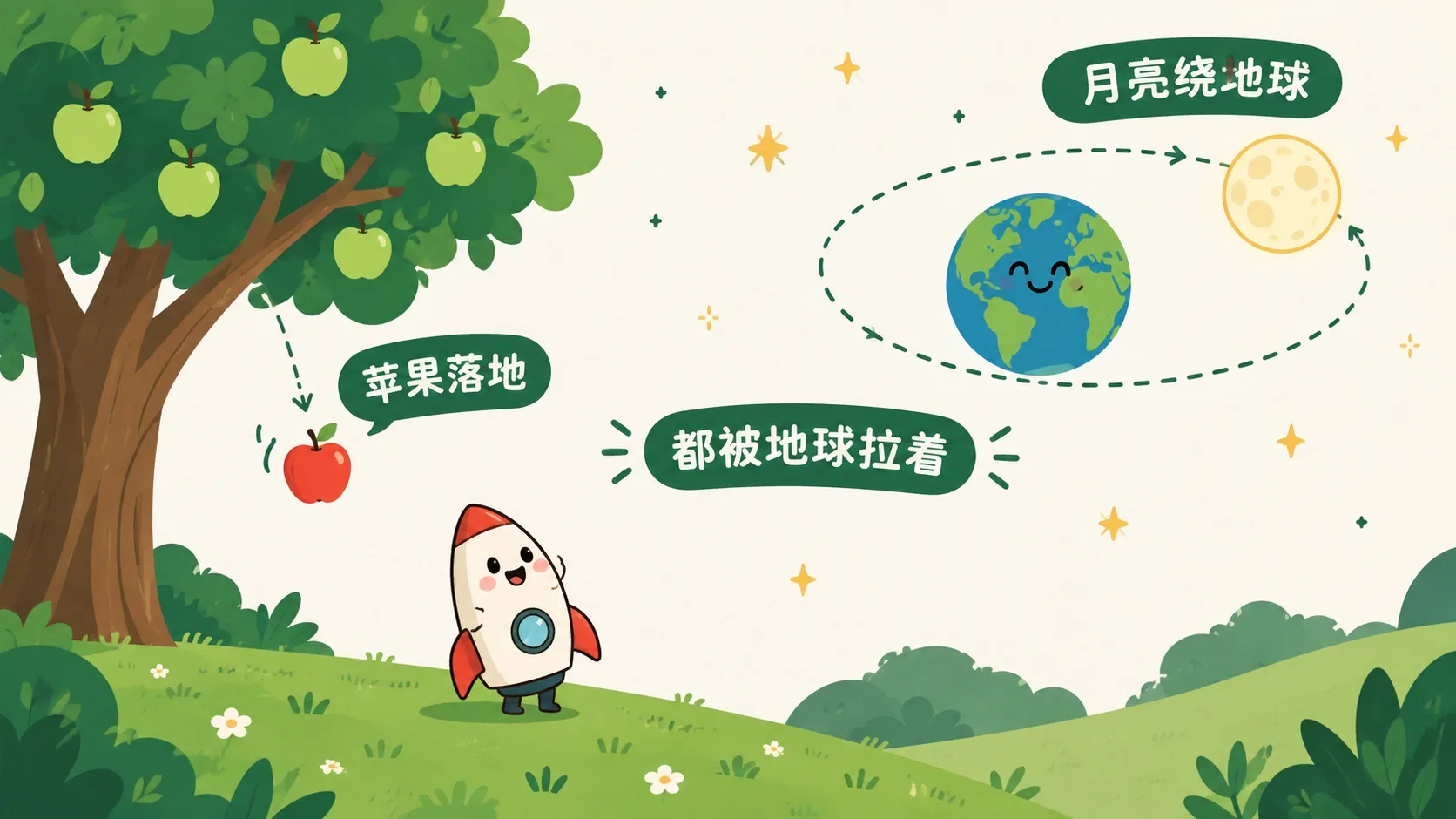 苹果与月亮都被地球拉着