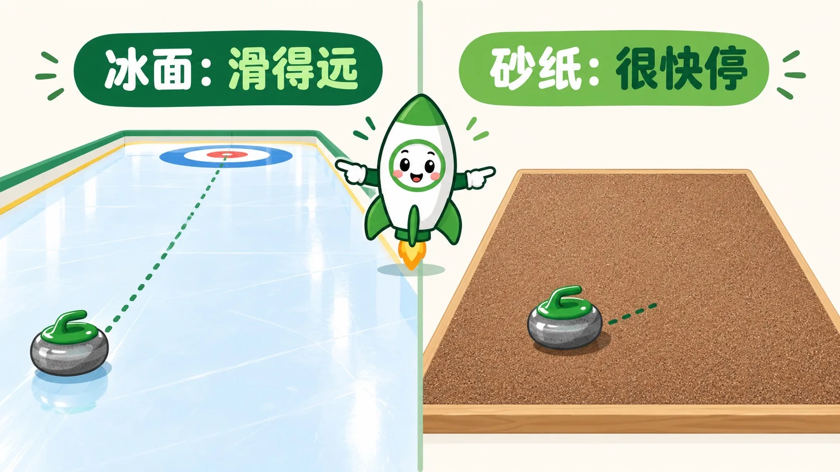 冰壶在冰面滑得远，在砂纸上很快停
