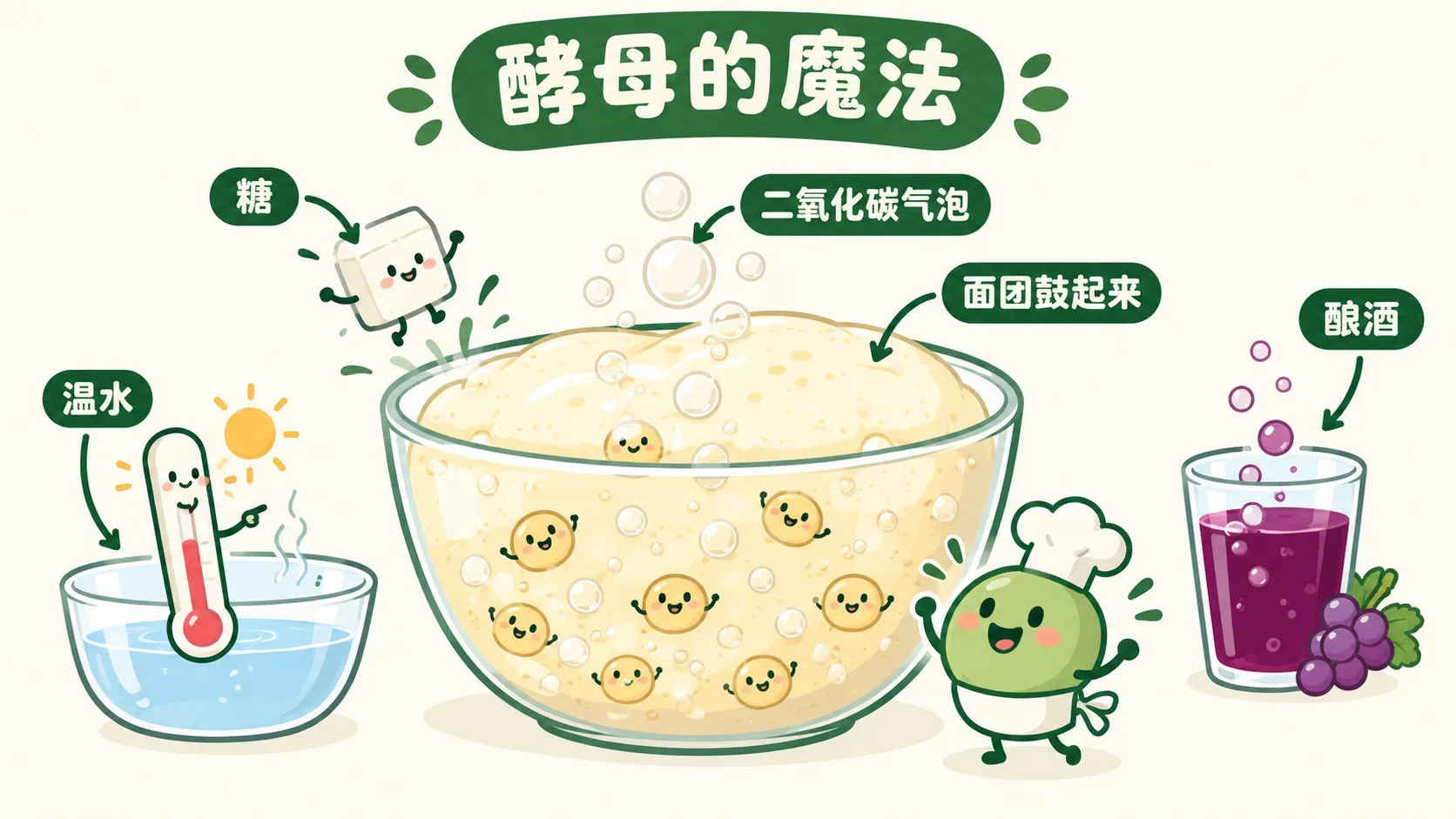 酵母发酵冒泡，面团鼓起来