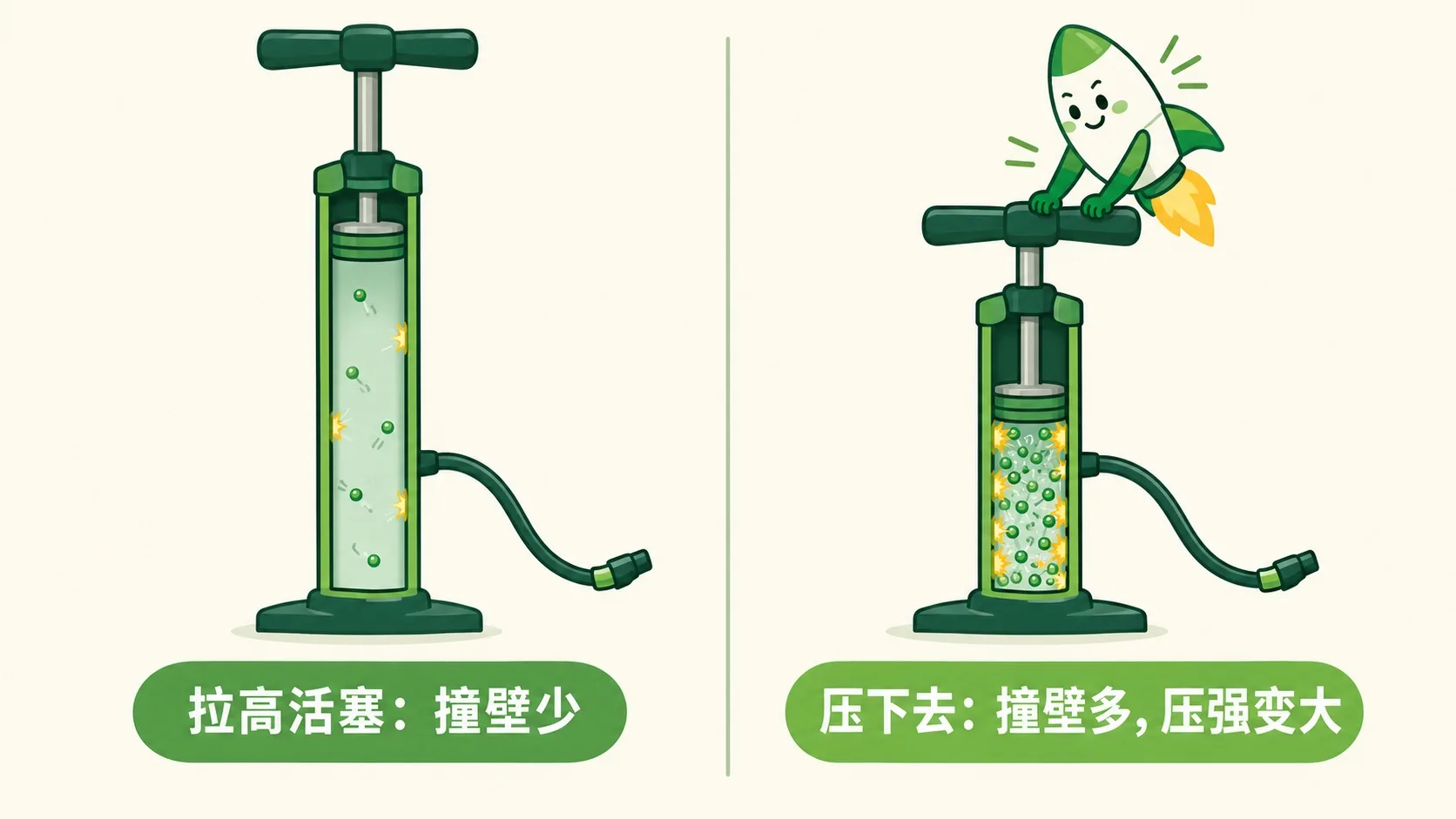 打气筒：压下去撞壁更多，压强变大