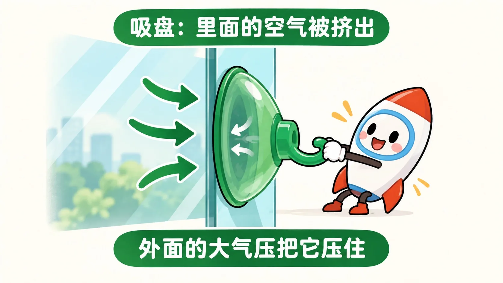 吸盘：外面的大气压把它压在玻璃上