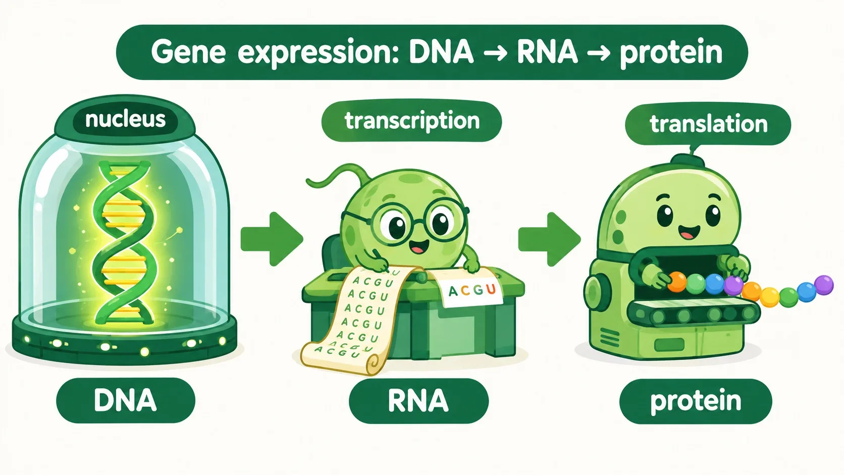 细胞工厂三站流水线：DNA → 转录 → RNA → 翻译 → 蛋白质