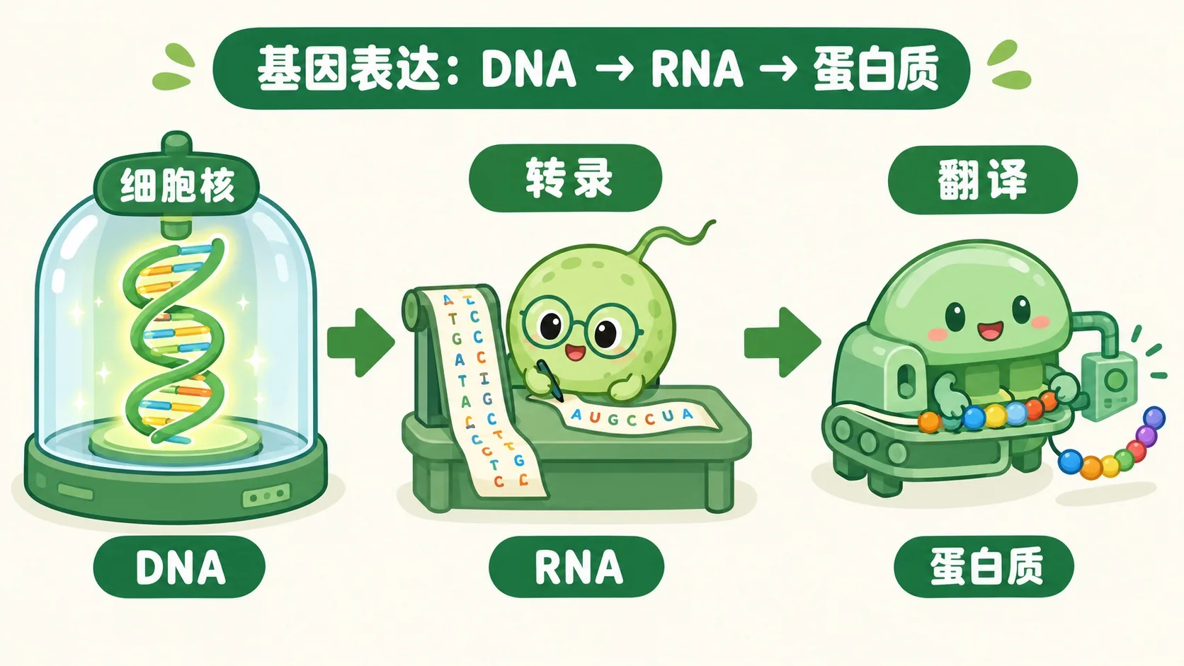 细胞工厂三站流水线：DNA → 转录 → RNA → 翻译 → 蛋白质