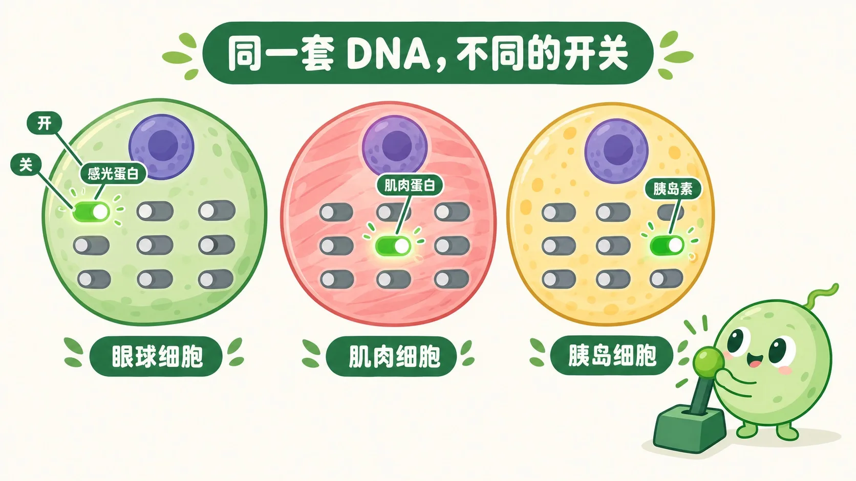 三种细胞里不同的基因开关亮着：感光蛋白、肌肉蛋白、胰岛素