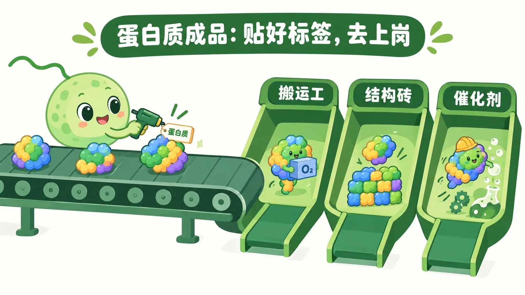 蛋白质成品贴标签，分送到搬运工、结构砖、催化剂岗位