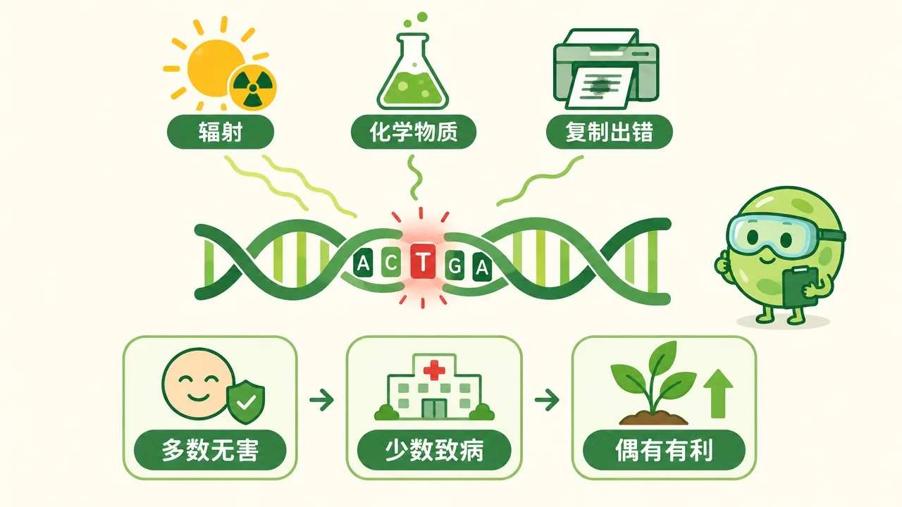 突变诱因与常见结果：多数无害、少数致病、偶有有利
