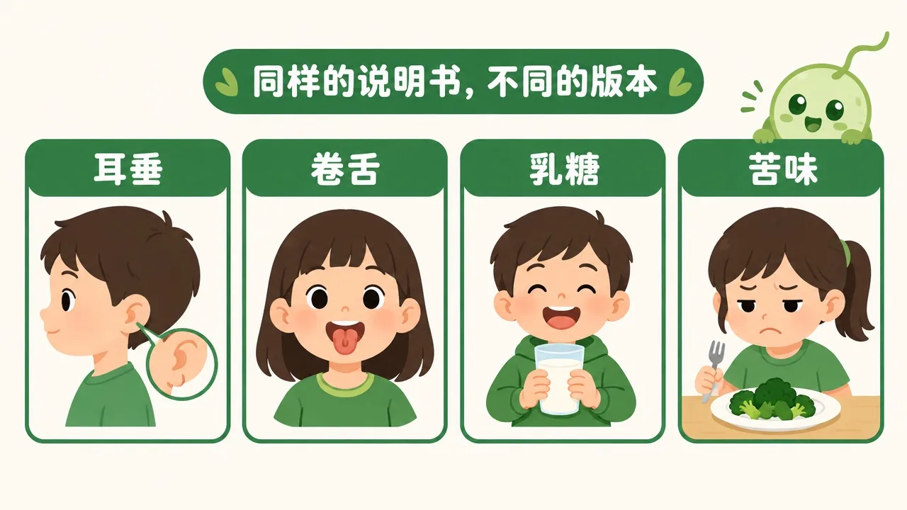 四个性状：耳垂、卷舌、乳糖、苦味