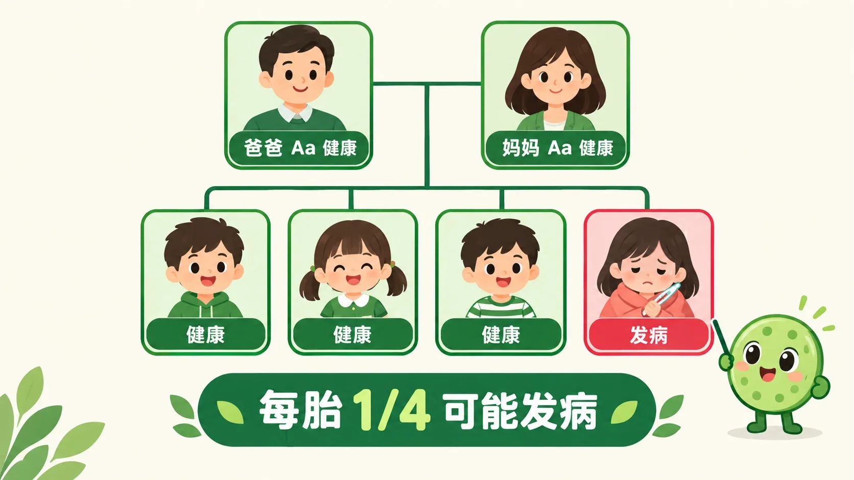 家谱：Aa 携带者父母生出患病孩子，每胎 1/4