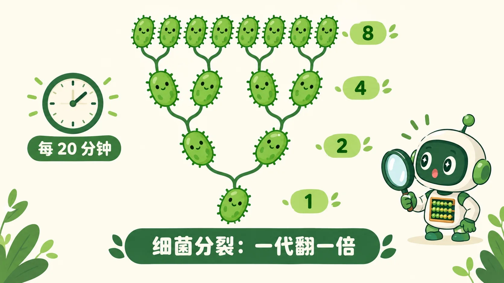 细菌分裂：每 20 分钟一变二，1 → 2 → 4 → 8