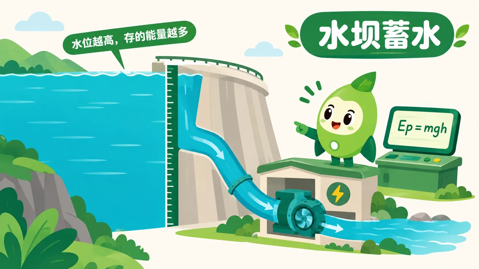 水坝蓄水：水位越高，存的能量越多