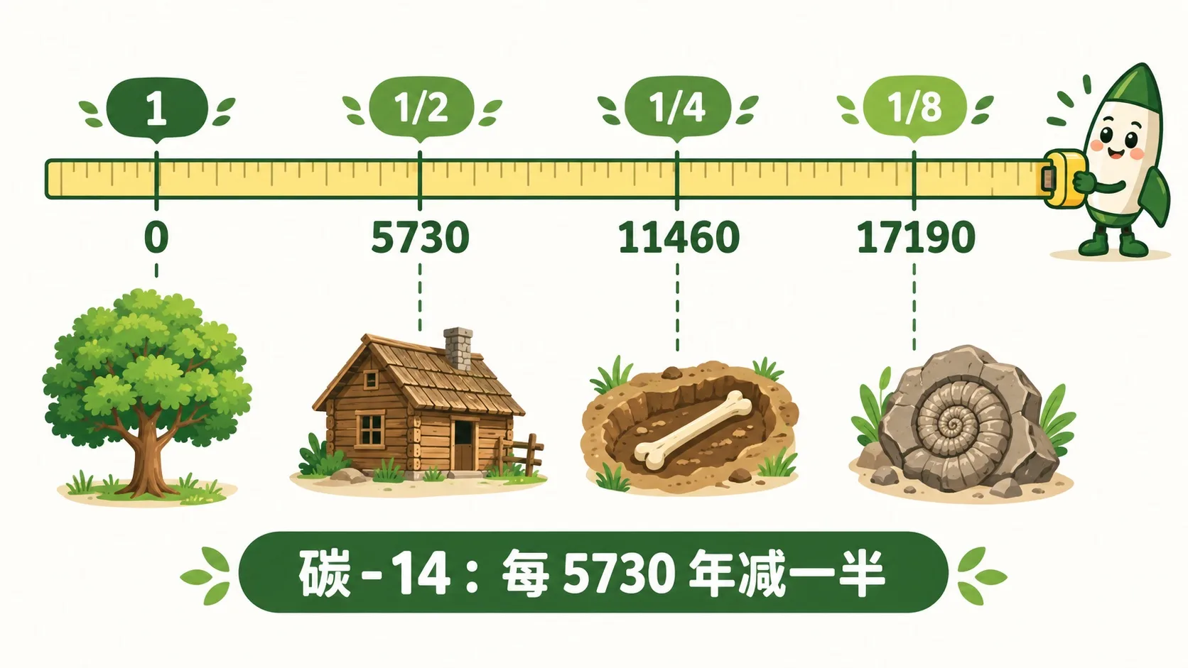 碳-14 时间尺：每 5730 年减一半