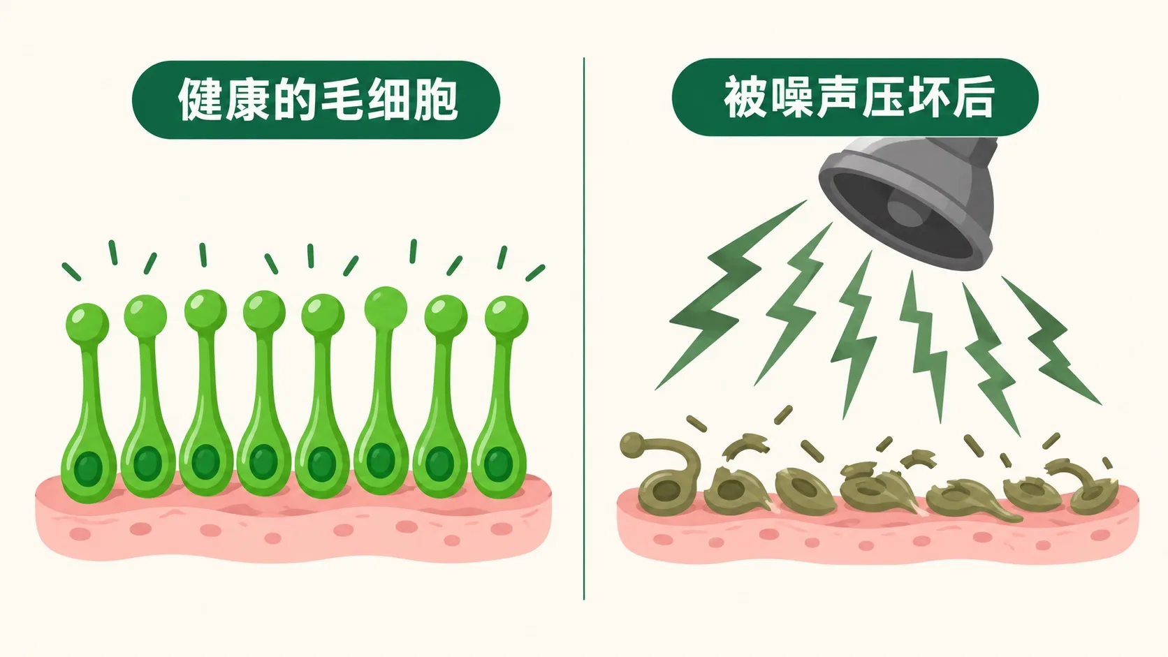 健康毛细胞与被噪声压坏的毛细胞对比