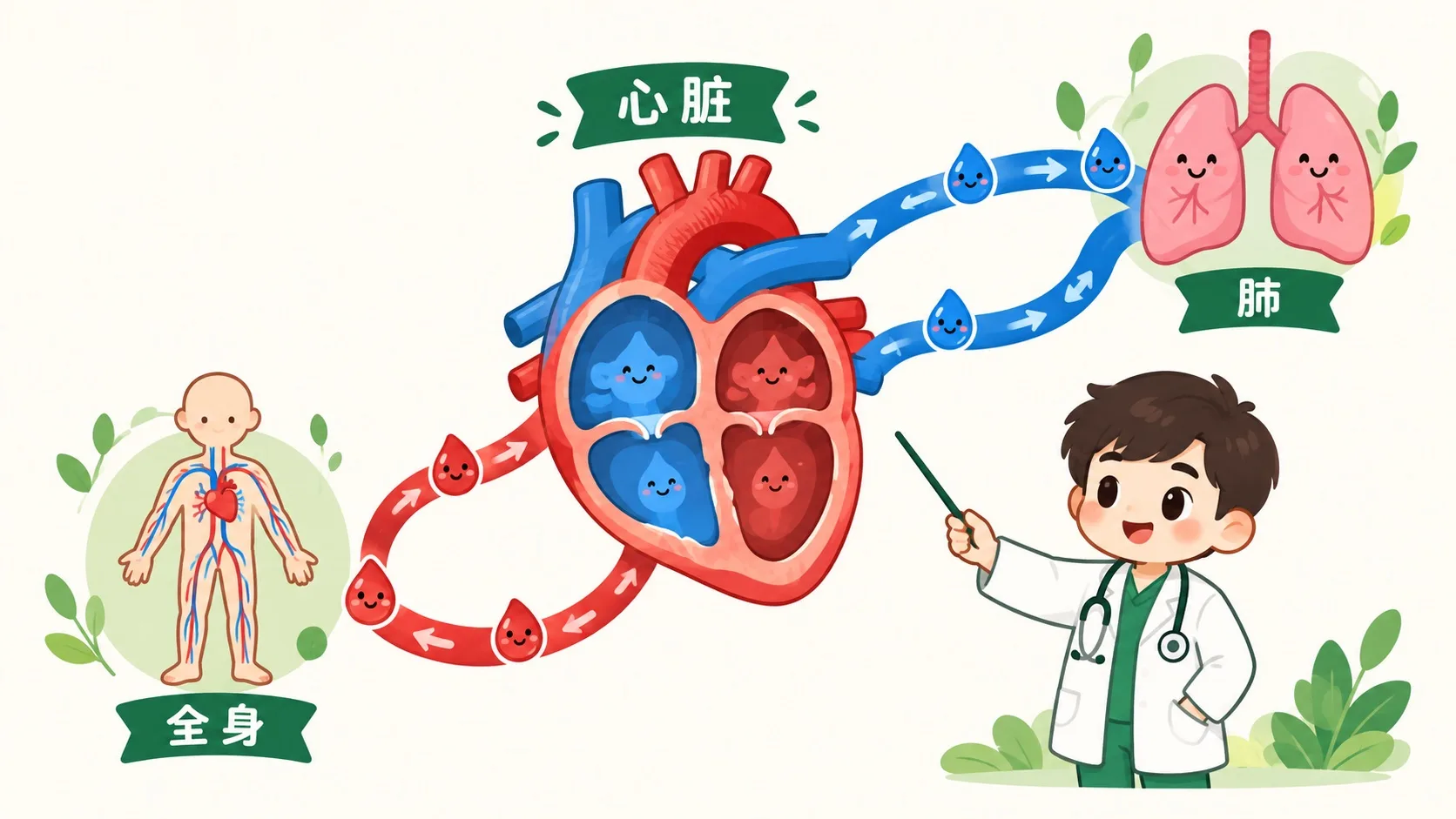 心脏剖面：四腔两泵，血往肺和全身两条路走