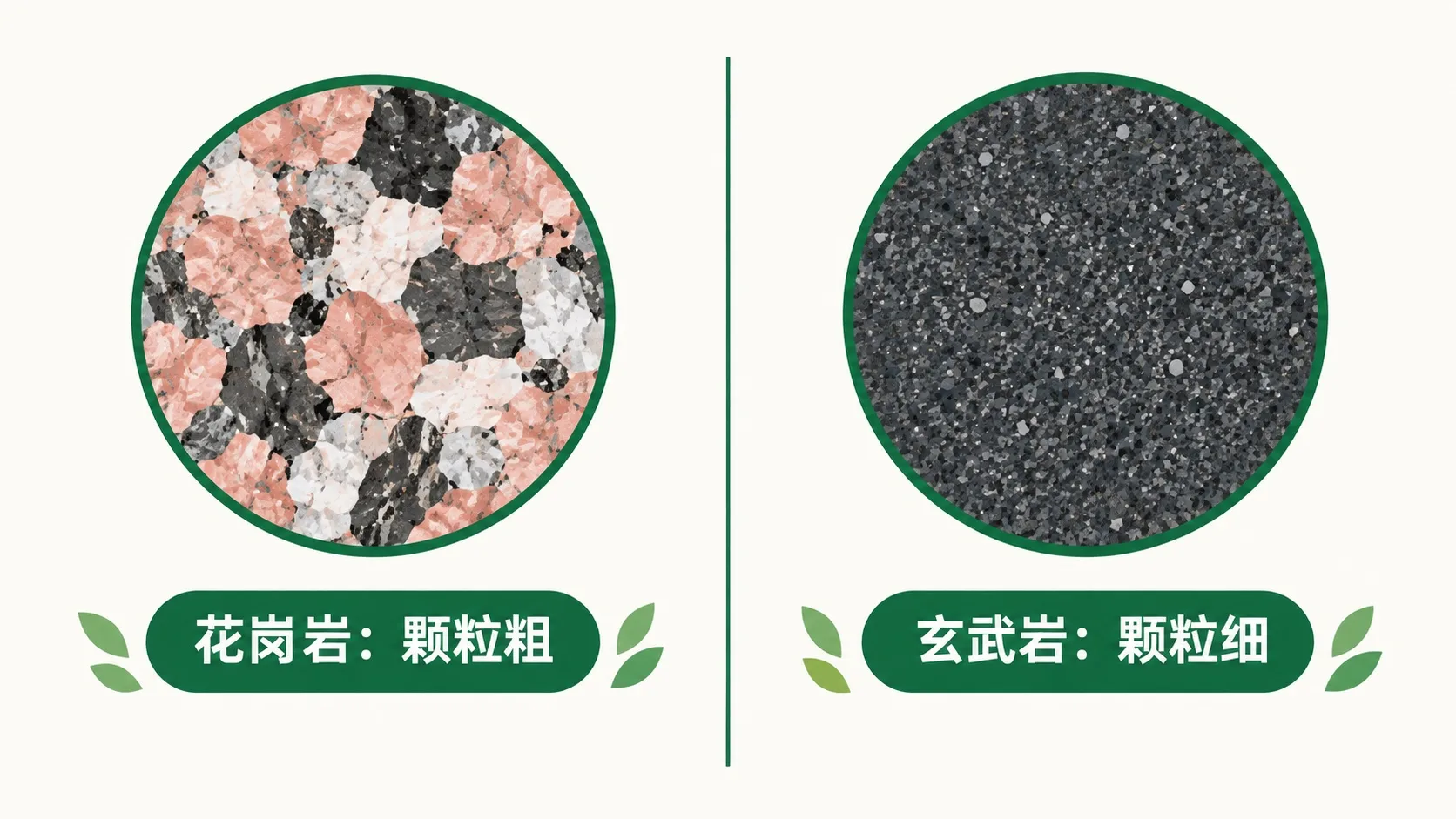 花岗岩粗粒与玄武岩细粒对比