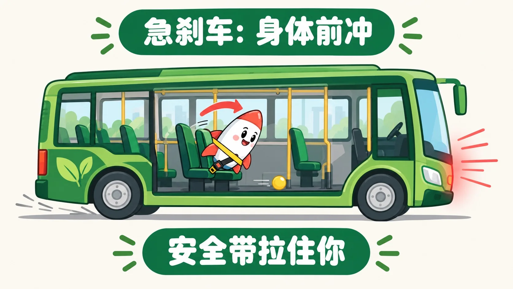 急刹车乘客前冲，安全带拉住