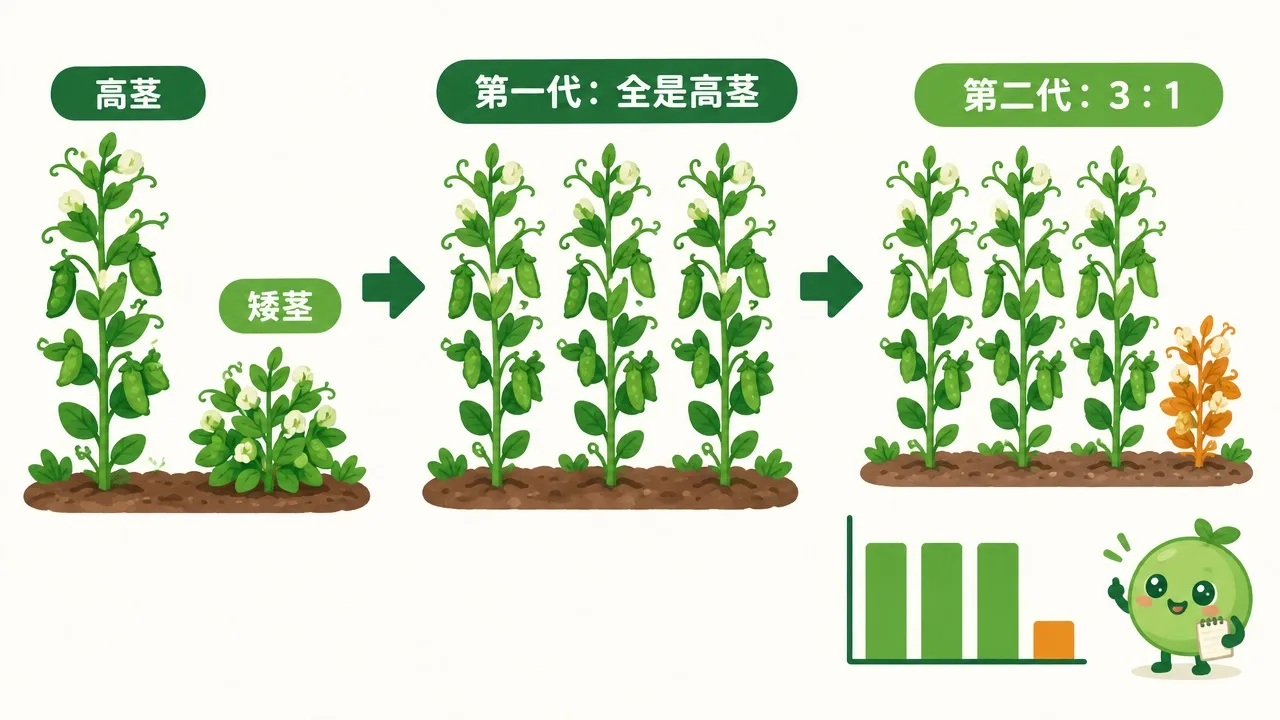 孟德尔豌豆实验：高茎×矮茎→全高→3:1