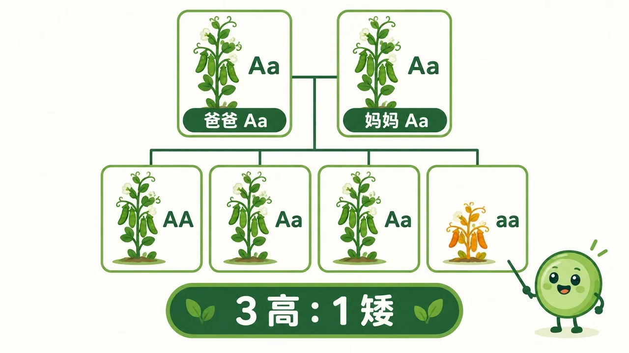 家族性状树：Aa × Aa → 3 高 : 1 矮