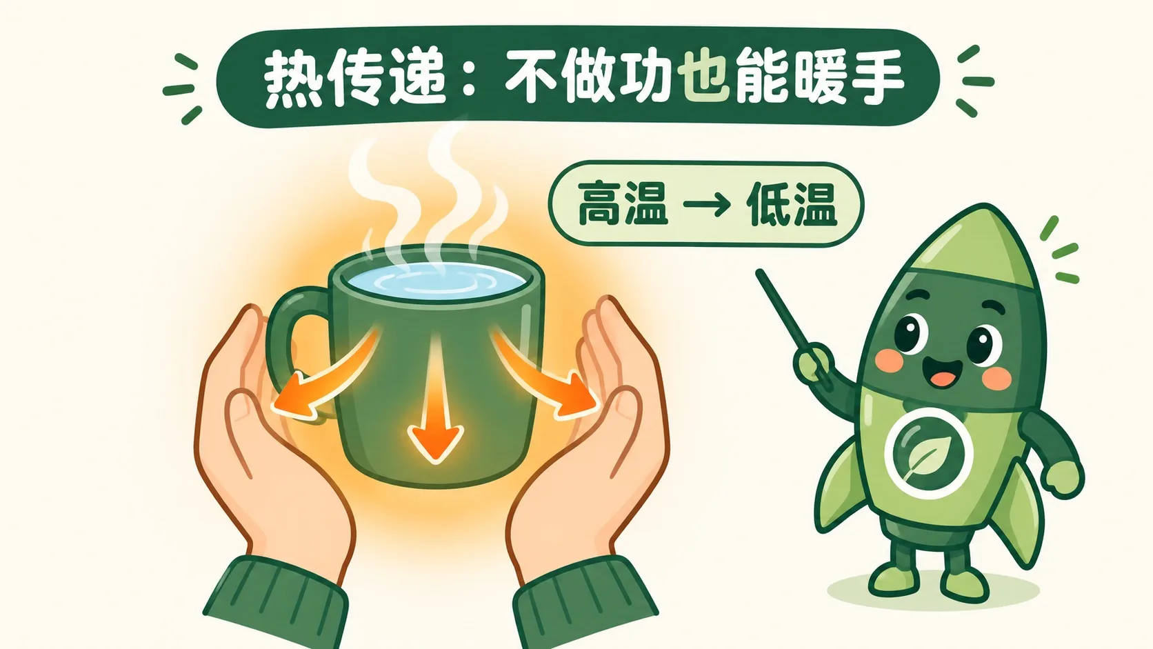热水杯捂手：热传递改变内能