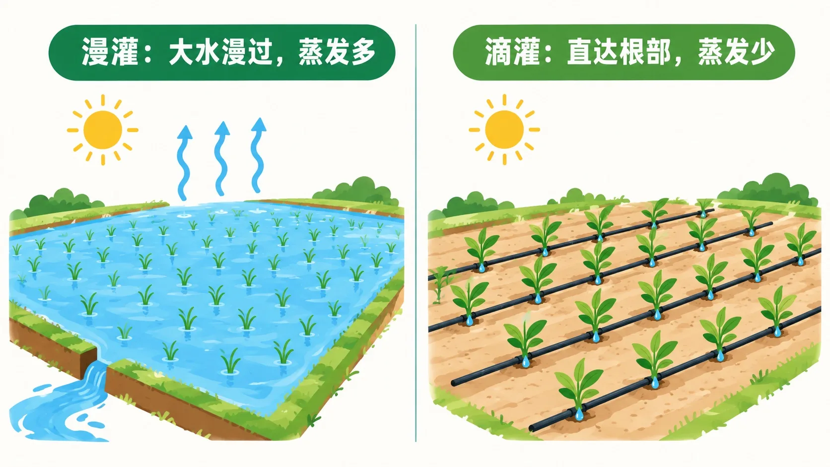 漫灌与滴灌对比：蒸发多 vs 蒸发少