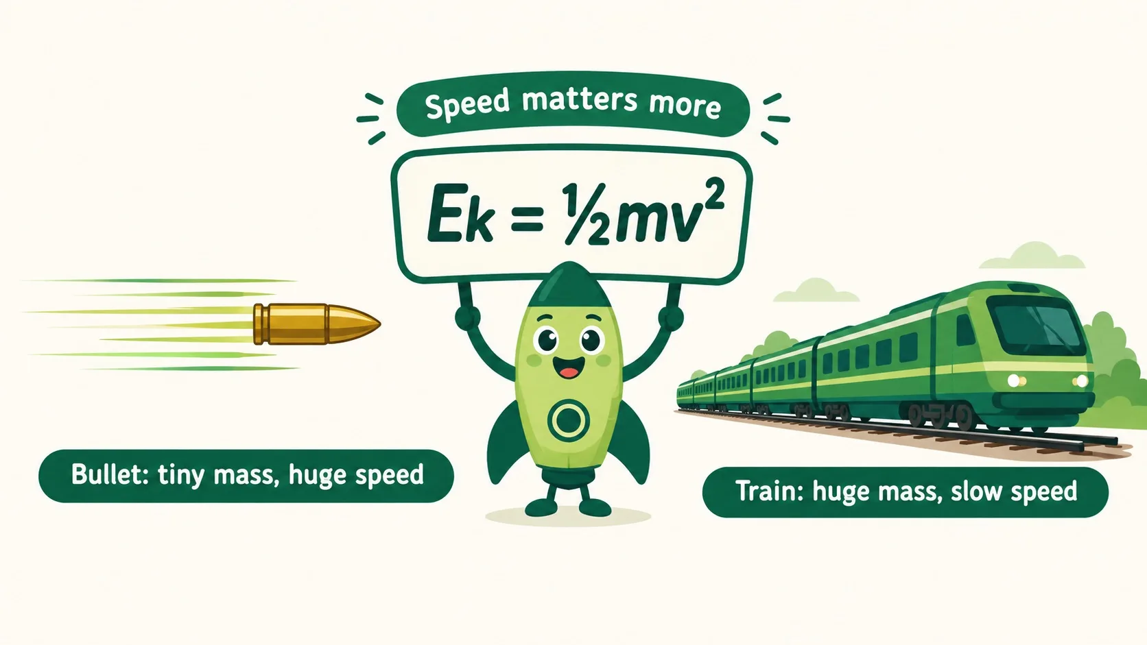 子弹与火车对比：Ek = ½mv²