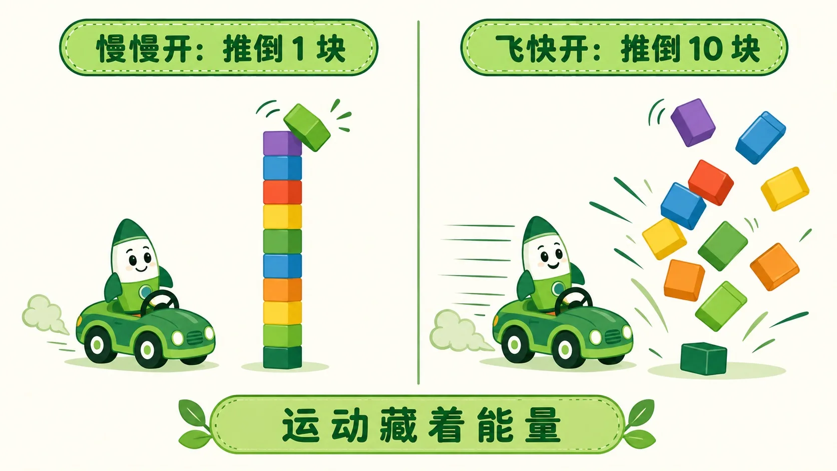慢车推倒 1 块积木 vs 快车推倒 10 块