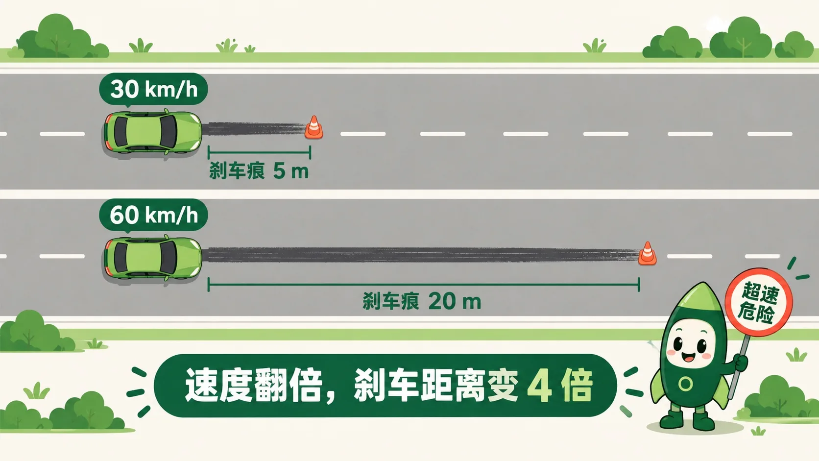 刹车痕对比：30 km/h 5 m vs 60 km/h 20 m