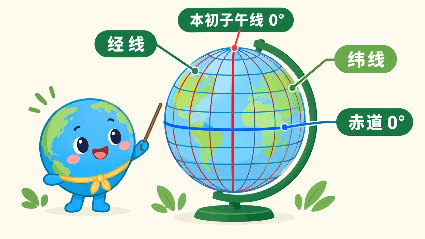 地球仪上的经线与纬线，赤道与本初子午线