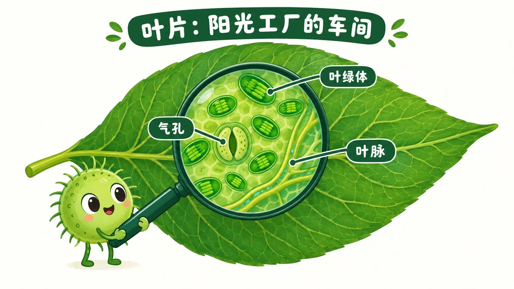 放大镜下的叶片：叶绿体、气孔、叶脉